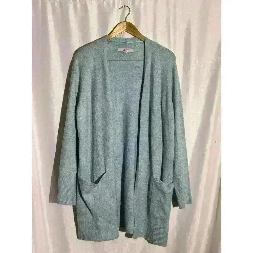 Loft Sweater Women's‎ XL Blue Cardigan Open Front Long Patch Pockets